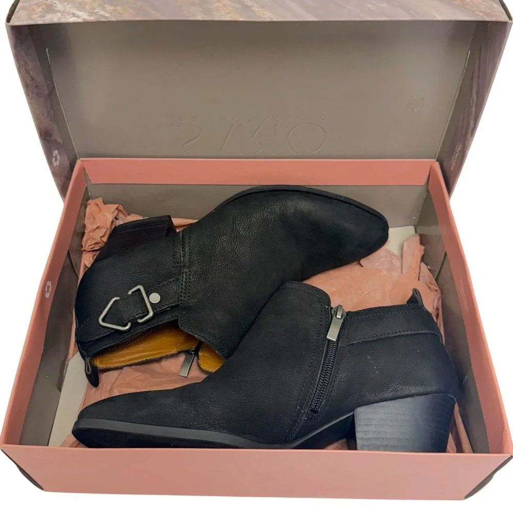 Franco Sarto Women's 8.5 W Black Leather Garfield Western Booties Side Buckle